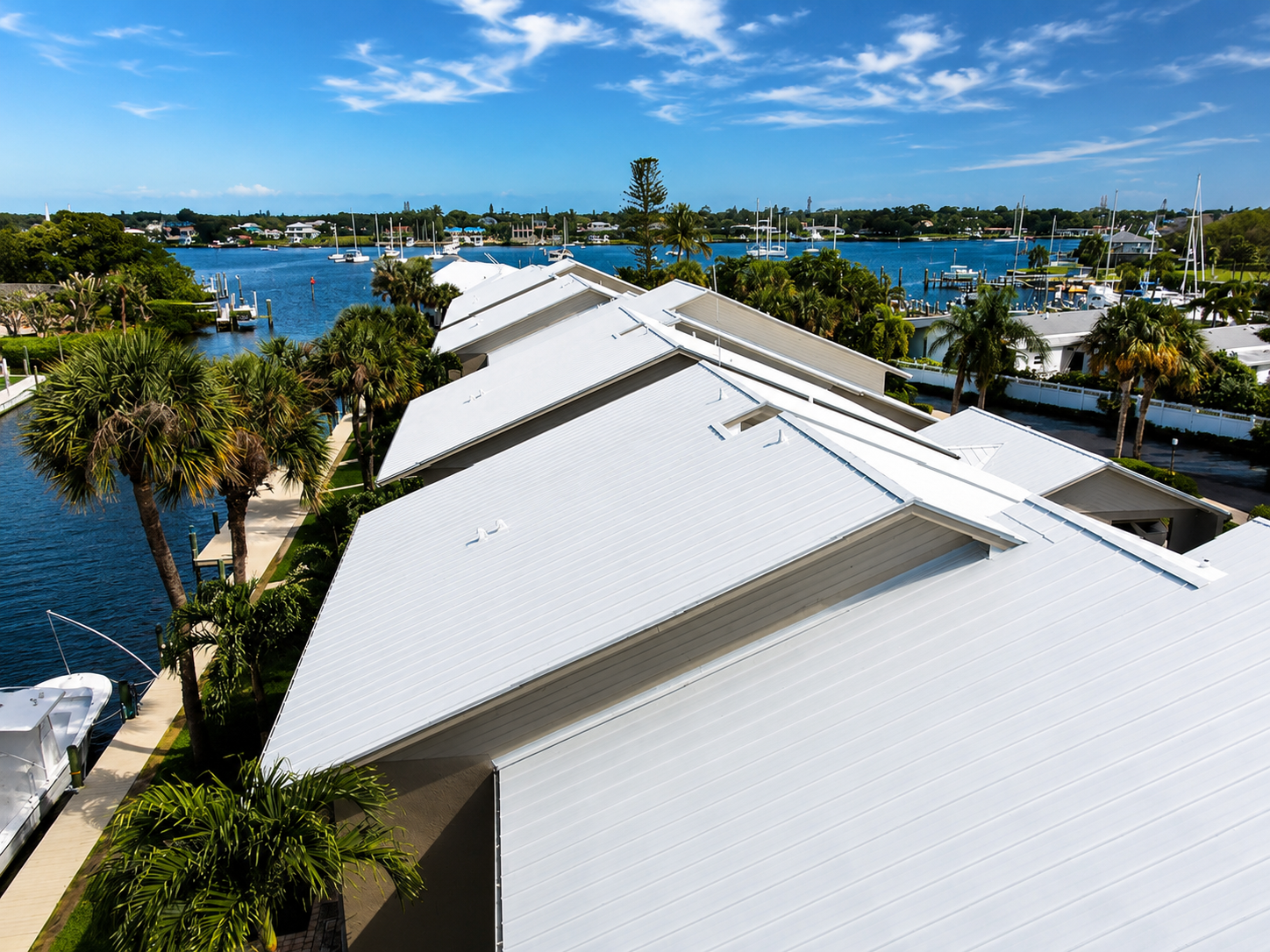 Completed waterfront metal roof project by Stormproof Roofing, Inc