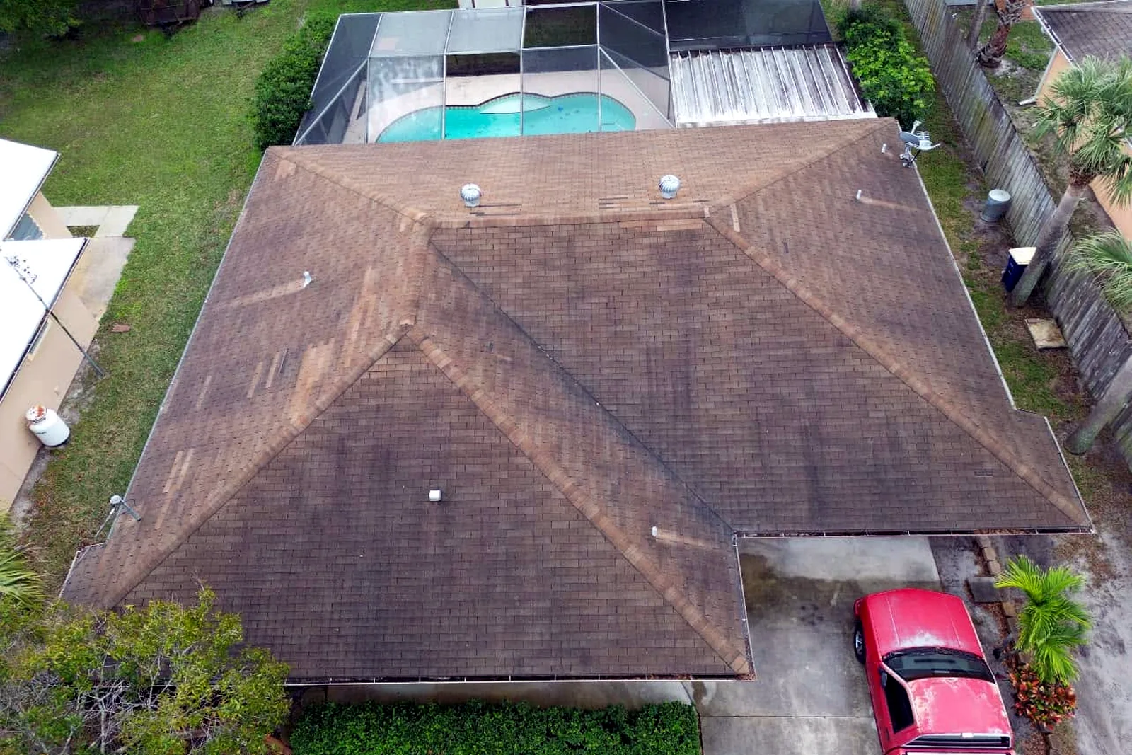 Aerial roof inspection view of shingle roof condition